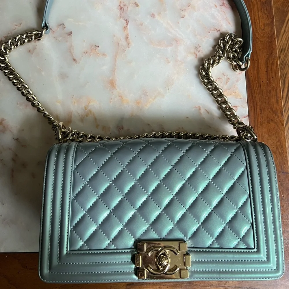 Chanel Quilted Blue Patent Leather Iridescent Medium Boy Bag